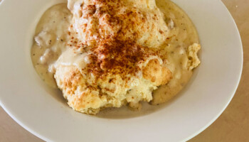 Biscuits covered with sausage gravy